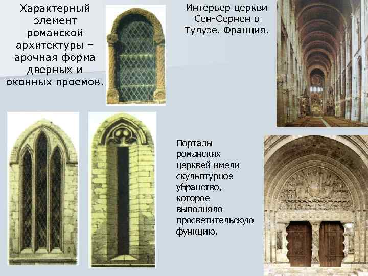 Характерный элемент романской архитектуры – арочная форма дверных и оконных проемов. Интерьер церкви Сен-Сернен