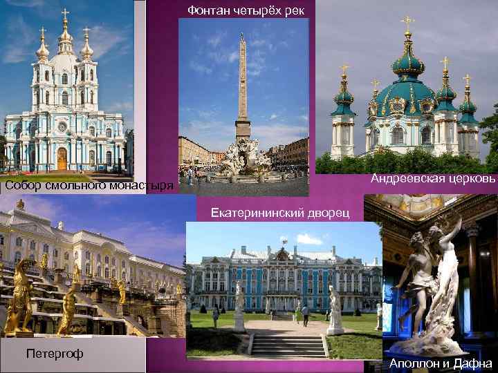 Фонтан четырёх рек Андреевская церковь Собор смольного монастыря Екатерининский дворец Петергоф Аполлон и Дафна