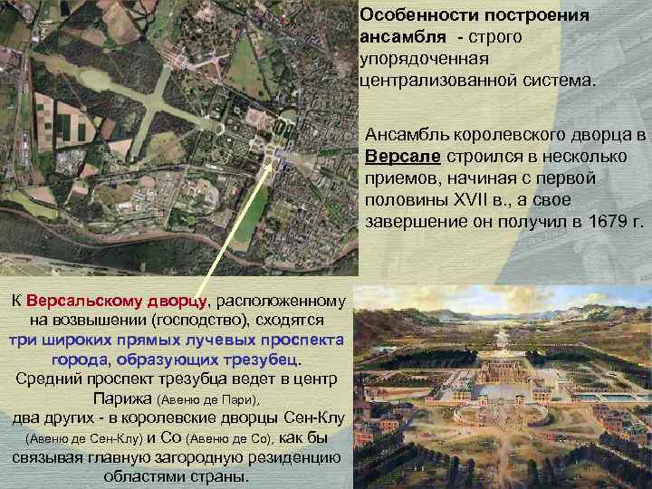 Особенности построения ансамбля - строго упорядоченная централизованной система. Ансамбль королевского дворца в Версале строился