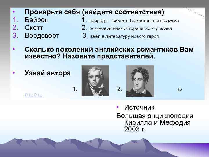  • 1. 2. 3. Проверьте себя (найдите соответствие) Байрон 1. природа – символ