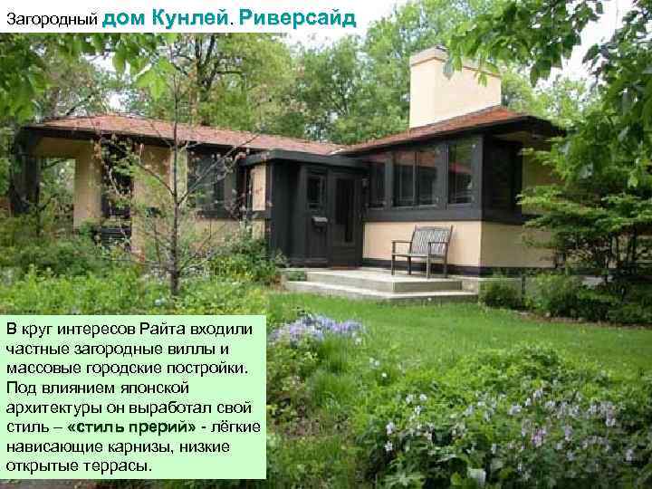 Загородный дом Кунлей. Риверсайд В круг интересов Райта входили частные загородные виллы и массовые