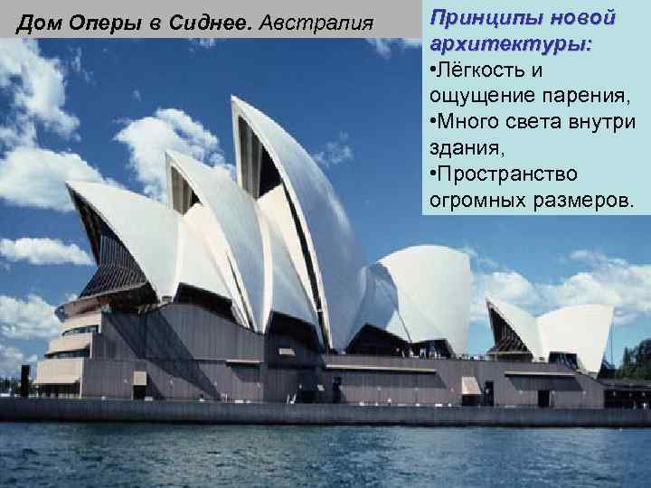 Дом Оперы в Сиднее. Австралия Принципы новой архитектуры: • Лёгкость и ощущение парения, •
