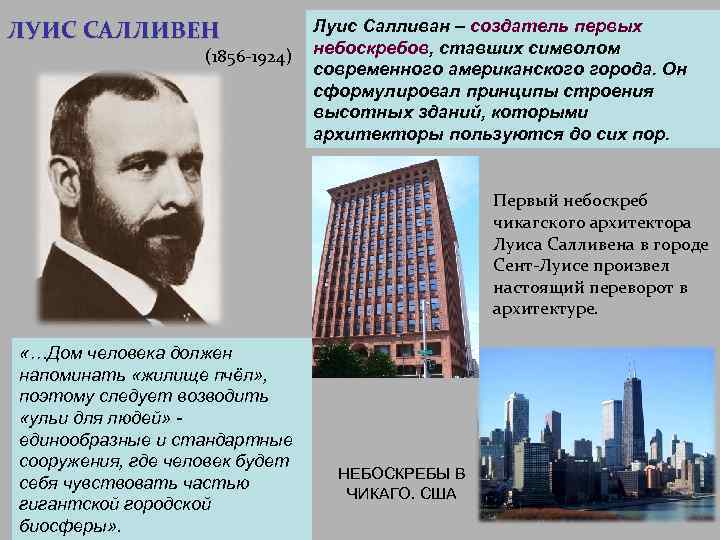 ЛУИС САЛЛИВЕН (1856 -1924) Луис Салливан – создатель первых небоскребов, ставших символом современного американского