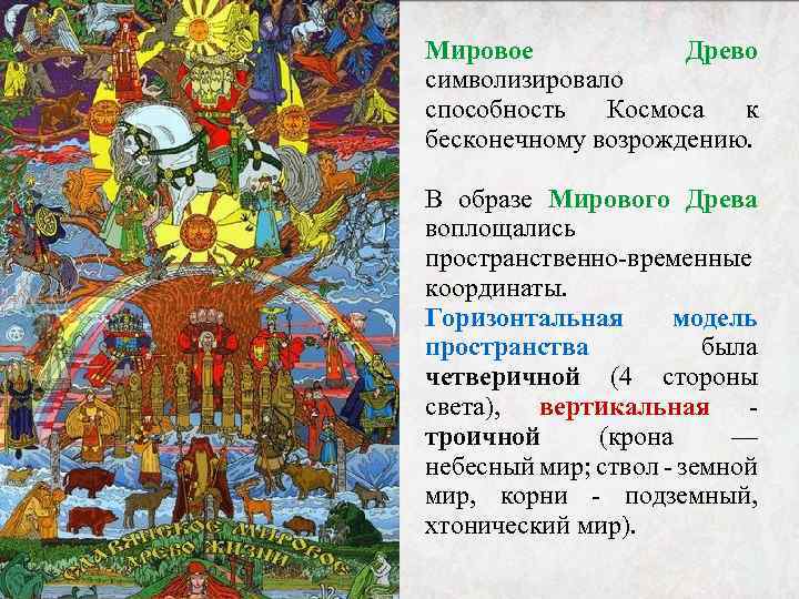 Мировое Древо символизировало способность Космоса к бесконечному возрождению. В образе Мирового Древа воплощались пространственно-временные