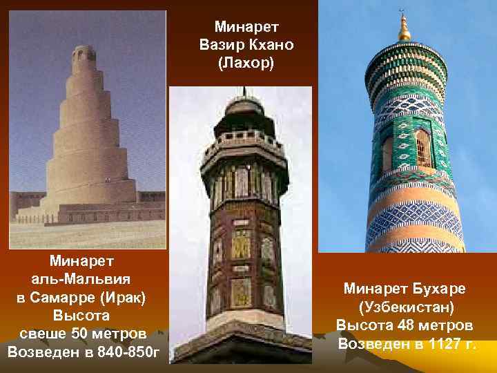 Минарет Вазир Кхано (Лахор) Минарет аль-Мальвия в Самарре (Ирак) Высота свеше 50 метров Возведен