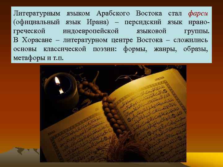 Литературным языком Арабского Востока стал фарси (официальный язык Ирана) – персидский язык ираногреческой индоевропейской