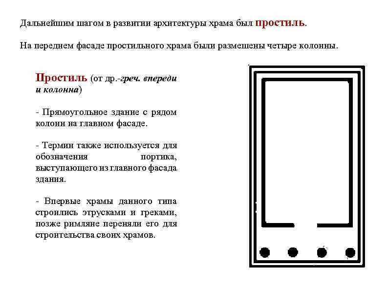 Дальнейшим шагом в развитии архитектуры храма был простиль. На переднем фасаде простильного храма были