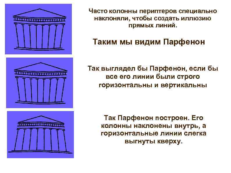 Часто колонны периптеров специально наклоняли, чтобы создать иллюзию прямых линий. Таким мы видим Парфенон
