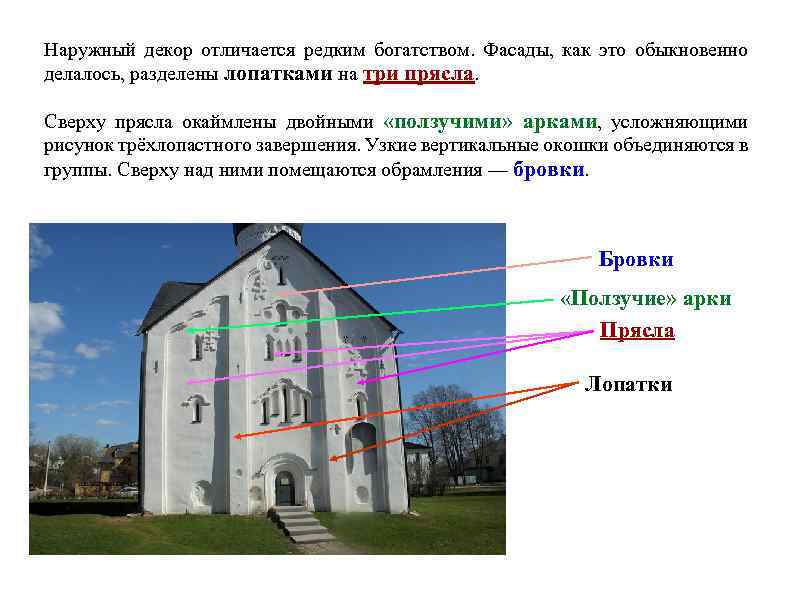 Наружный декор отличается редким богатством. Фасады, как это обыкновенно делалось, разделены лопатками на три