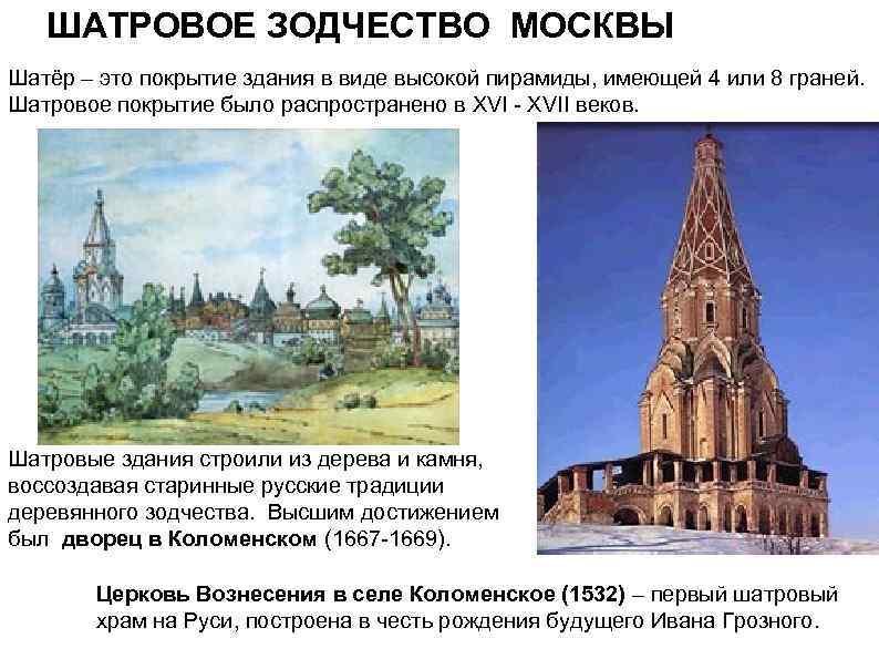 ШАТРОВОЕ ЗОДЧЕСТВО МОСКВЫ Шатёр – это покрытие здания в виде высокой пирамиды, имеющей 4