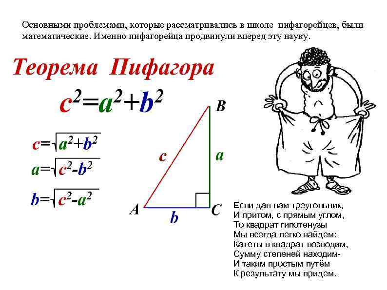 Основными проблемами, которые рассматривались в школе пифагорейцев, были математические. Именно пифагорейца продвинули вперед эту