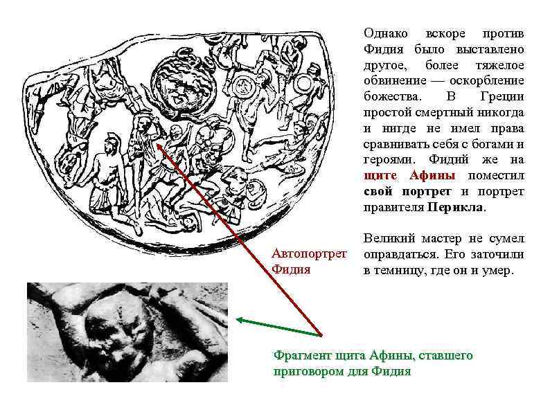Однако вскоре против Фидия было выставлено другое, более тяжелое обвинение — оскорбление божества. В