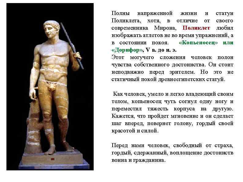 Полны напряженной жизни и статуи Поликлета, хотя, в отличие от своего современника Мирона, Поликлет