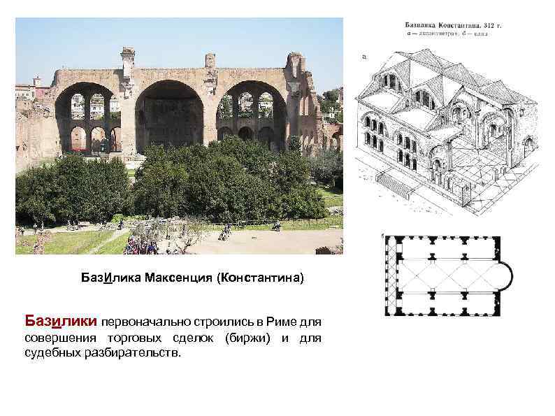 Баз. Илика Максенция (Константина) Базилики первоначально строились в Риме для совершения торговых сделок (биржи)