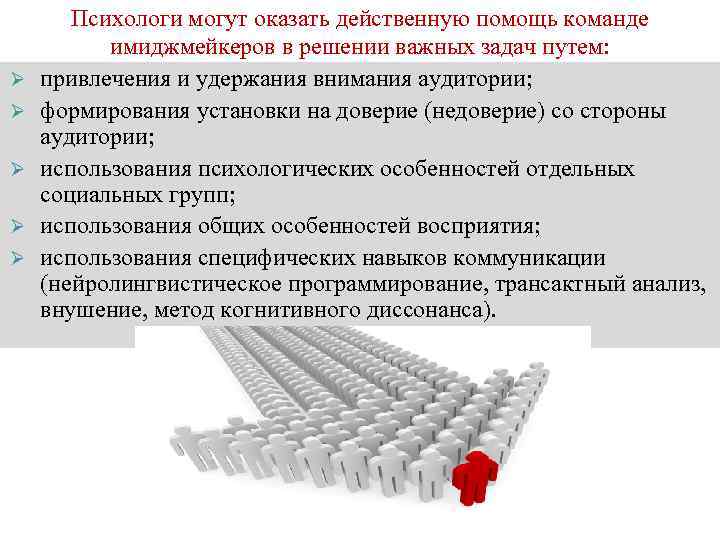 Ø Ø Ø Психологи могут оказать действенную помощь команде имиджмейкеров в решении важных задач