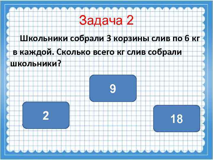 Задача 2 Школьники собрали 3 корзины слив по 6 кг в каждой. Сколько всего
