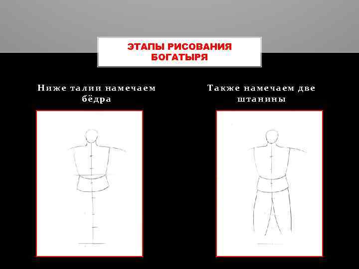 ЭТАПЫ РИСОВАНИЯ БОГАТЫРЯ Ниже талии намечаем бёдра Также намечаем две штанины 