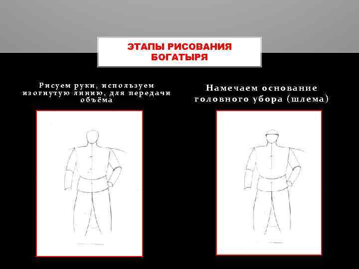 ЭТАПЫ РИСОВАНИЯ БОГАТЫРЯ Рисуем руки, используем изогнутую линию, для передачи объёма Намечаем основание головного