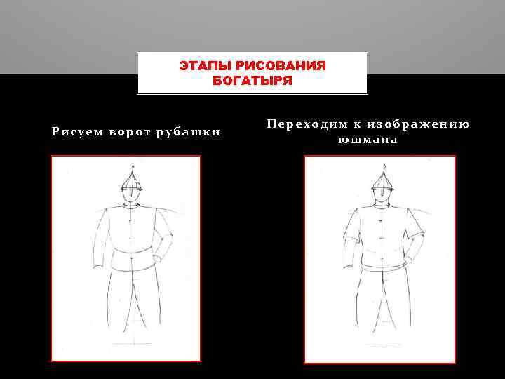 ЭТАПЫ РИСОВАНИЯ БОГАТЫРЯ Рисуем ворот рубашки Переходим к изображению юшмана 