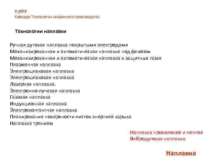 Ур. ФУ Кафедра Технологии сварочного производства Технологии наплавки Ручная дуговая наплавка покрытыми электродами Механизированная
