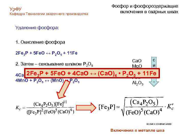 Фосфор и фосфорсодержащие включения в сварных швах Ур. ФУ Кафедра Технологии сварочного производства Удаление