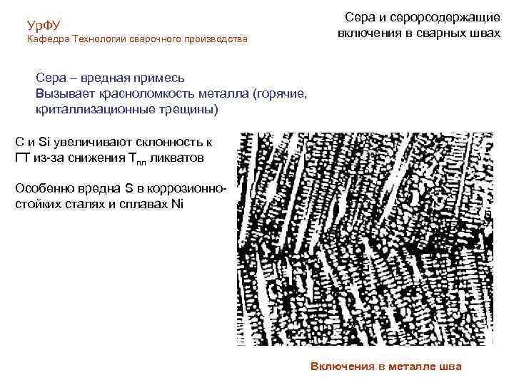Ур. ФУ Кафедра Технологии сварочного производства Сера и серорсодержащие включения в сварных швах Сера