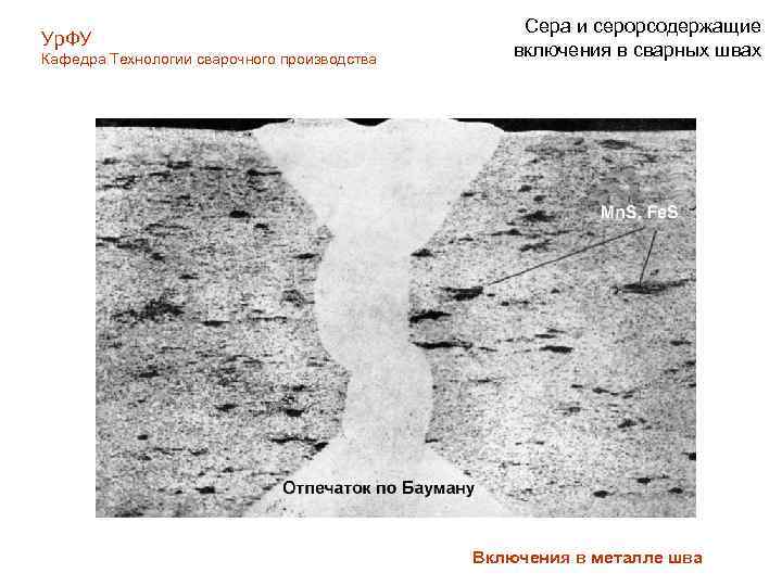 Ур. ФУ Кафедра Технологии сварочного производства Сера и серорсодержащие включения в сварных швах Включения