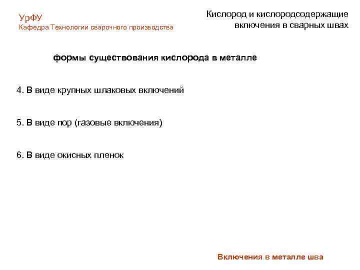 Ур. ФУ Кафедра Технологии сварочного производства Кислород и кислородсодержащие включения в сварных швах формы