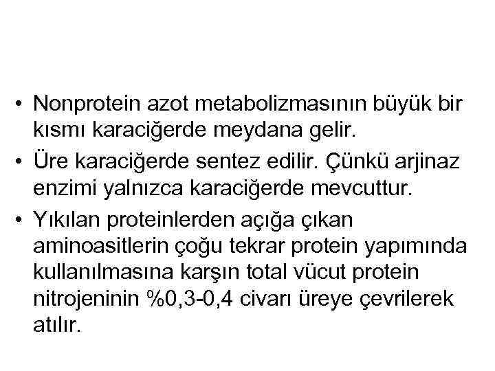  • Nonprotein azot metabolizmasının büyük bir kısmı karaciğerde meydana gelir. • Üre karaciğerde