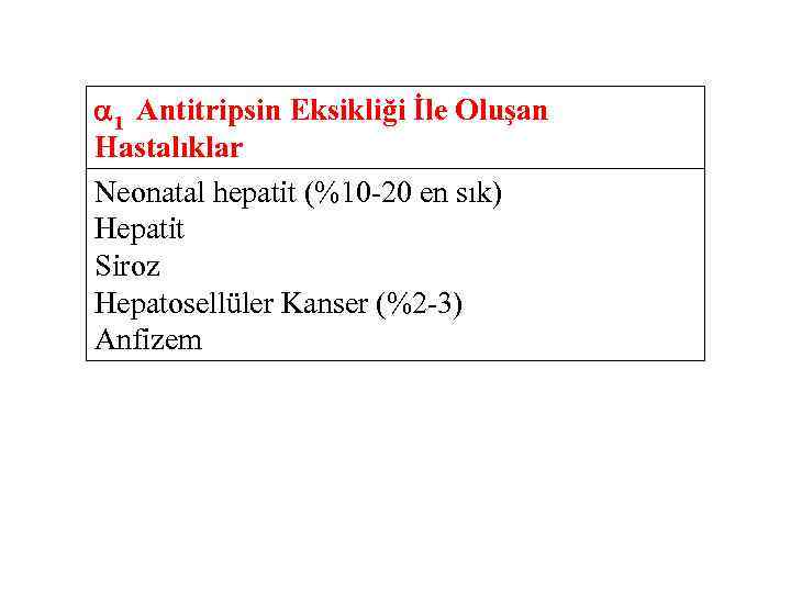  1 Antitripsin Eksikliği İle Oluşan Hastalıklar Neonatal hepatit (%10 -20 en sık) Hepatit