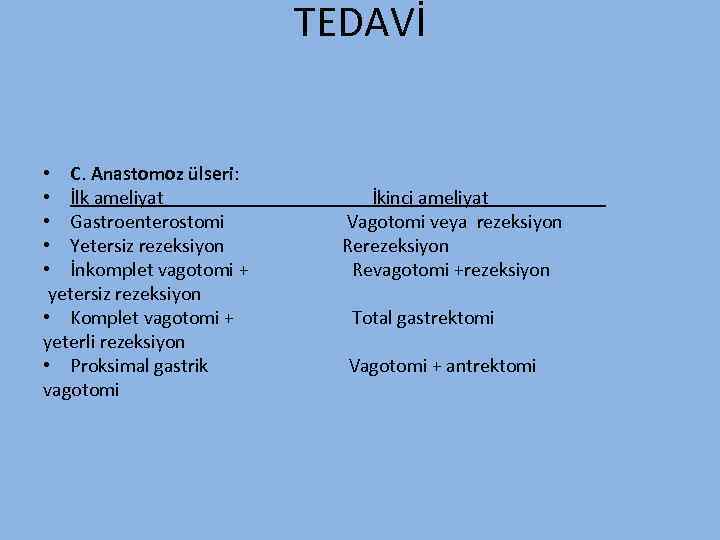 TEDAVİ • C. Anastomoz ülseri: • İlk ameliyat İkinci ameliyat • Gastroenterostomi Vagotomi veya