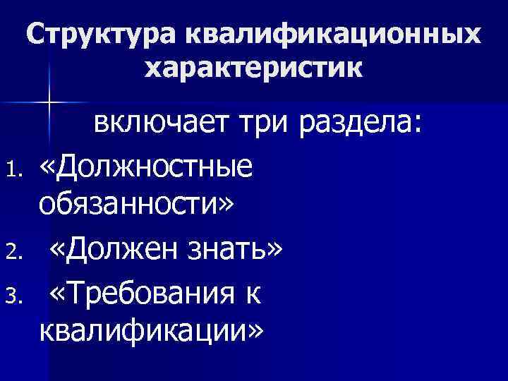 Структура квалификационных характеристик 1. 2. 3. включает три раздела: «Должностные обязанности» «Должен знать» «Требования