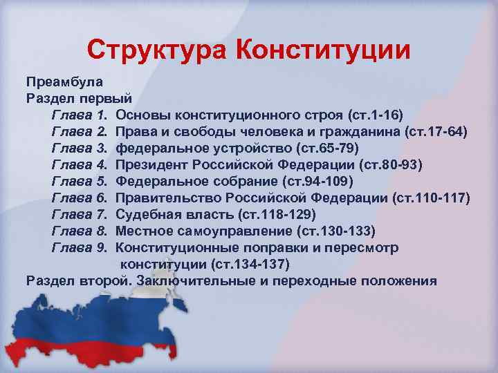 Структура Конституции Преамбула Раздел первый Глава 1. Основы конституционного строя (ст. 1 -16) Глава