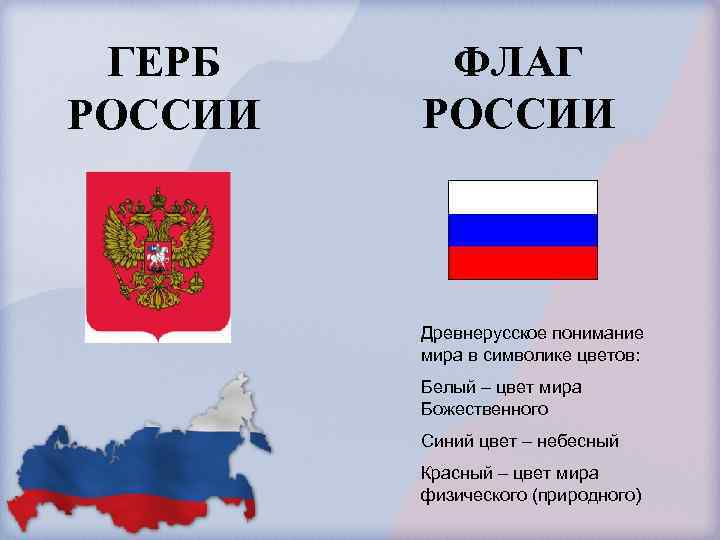 ГЕРБ РОССИИ ФЛАГ РОССИИ Древнерусское понимание мира в символике цветов: Белый – цвет мира