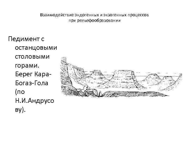 Взаимодействие эндогенных и экзогенных процессов при рельефообразовании Педимент с останцовыми столовыми горами. Берег Кара.
