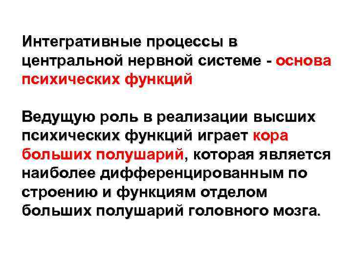 Интегративные процессы в центральной нервной системе - основа психических функций Ведущую роль в реализации