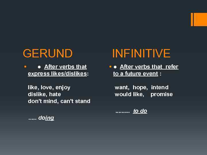 GERUND § ● After verbs that express likes/dislikes: like, love, enjoy dislike, hate don't