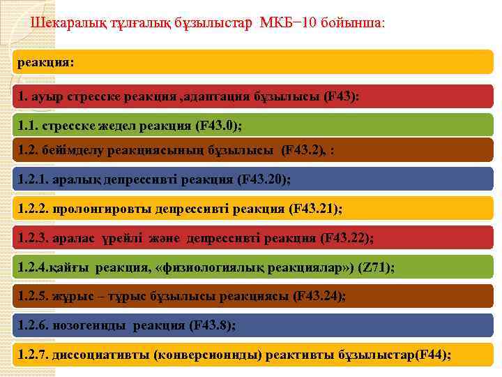 Шекаралық тұлғалық бұзылыстар МКБ− 10 бойынша: реакция: 1. ауыр стресске реакция , адаптация бұзылысы