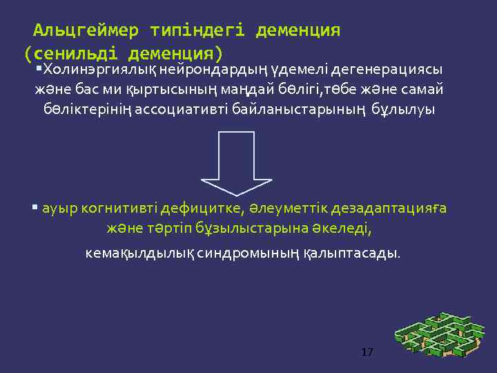 Альцгеймер типіндегі деменция (сенильді деменция) Холинэргиялық нейрондардың үдемелі дегенерациясы және бас ми қыртысының маңдай