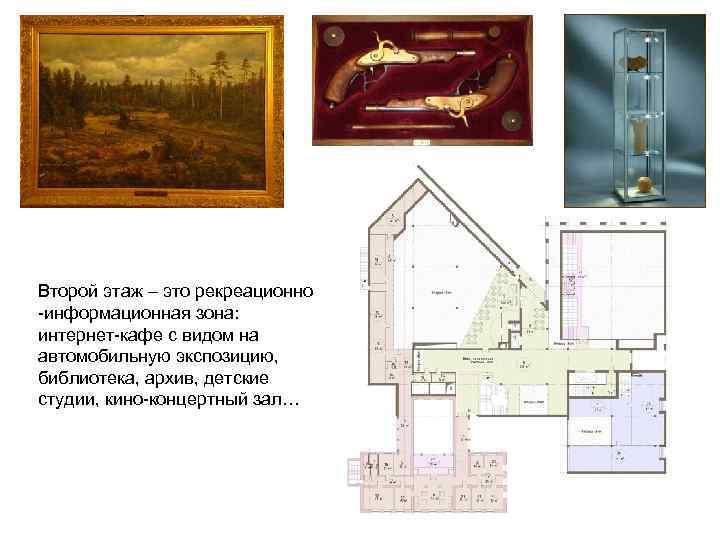 Второй этаж – это рекреационно -информационная зона: интернет-кафе с видом на автомобильную экспозицию, библиотека,