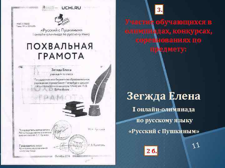 3. Участие обучающихся в олимпиадах, конкурсах, соревнованиях по предмету: Зегжда Елена I онлайн-олимпиада по