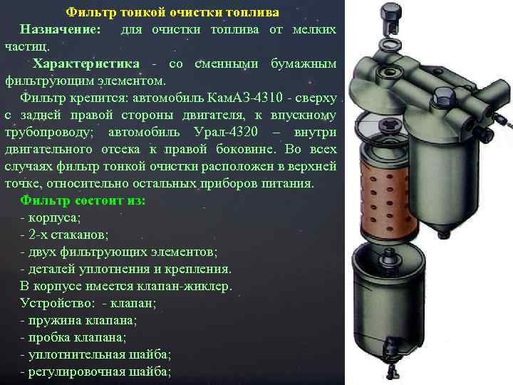 Фильтр тонкой очистки топлива Назначение: для очистки топлива от мелких частиц. Характеристика - со