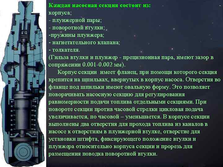 Каждая насосная секция состоит из: - корпуса; - плунжерной пары; - поворотной втулки; -пружины