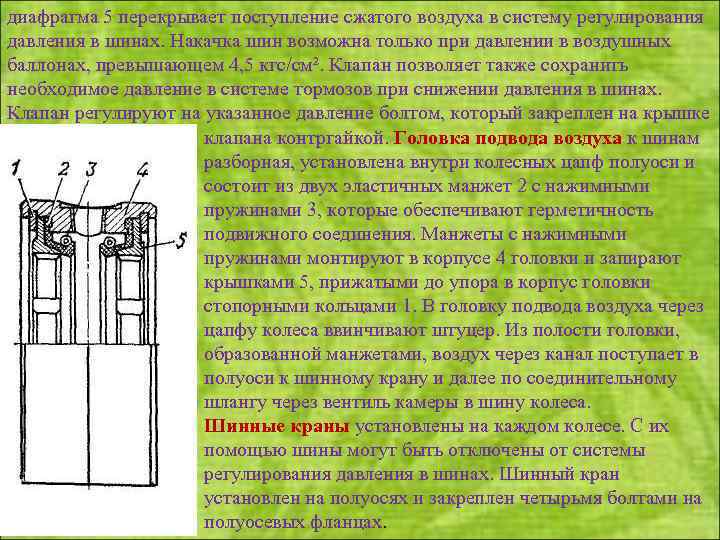 диафрагма 5 перекрывает поступление сжатого воздуха в систему регулирования давления в шинах. Накачка шин