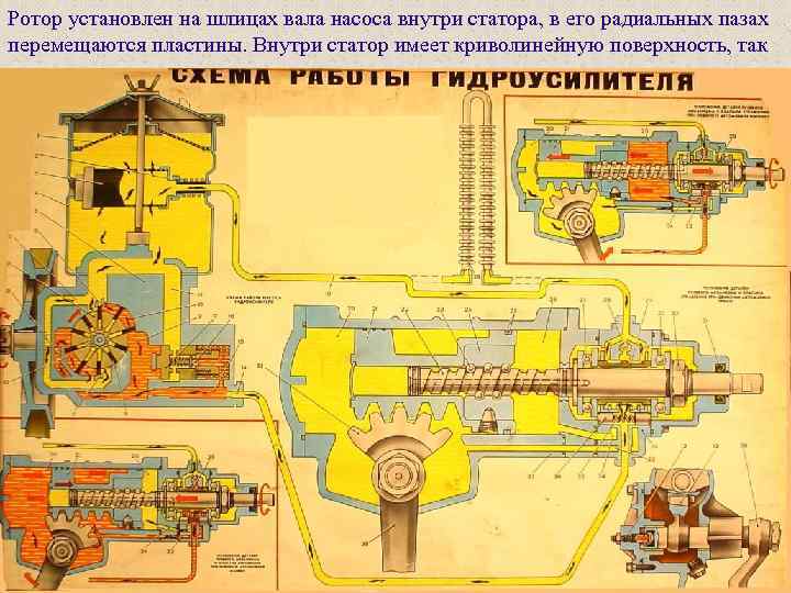 Ротор установлен на шлицах вала насоса внутри статора, в его радиальных пазах перемещаются пластины.