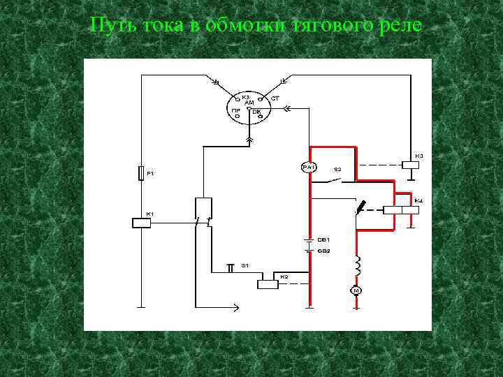 Путь тока в обмотки тягового реле 