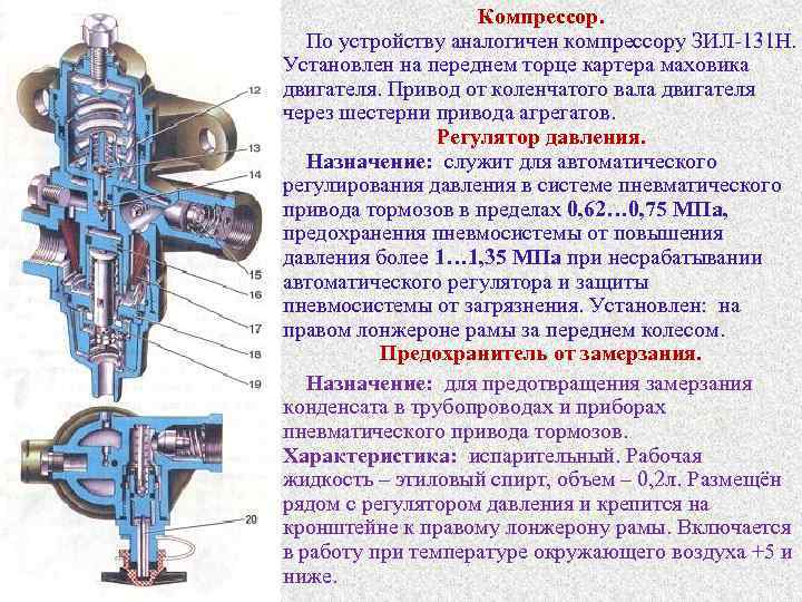 Компрессор. По устройству аналогичен компрессору ЗИЛ 131 Н. Установлен на переднем торце картера маховика