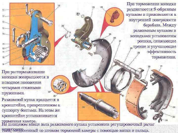 При торможении колодки раздвигаются S образным кулаком и прижимаются к внутренней поверхности барабана. Между