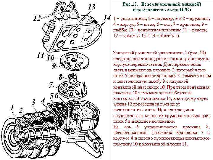 Рис. 13. Вспомогательный (ножной) переключатель света П-39: 1 – уплотнитель; 2 – плунжер; 3