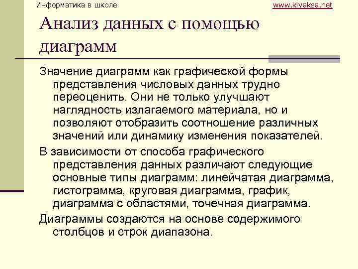 Информатика в школе www. klyaksa. net Анализ данных с помощью диаграмм Значение диаграмм как